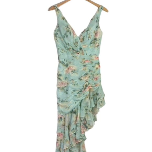 Mac Duggal Floral Print Asymmetrical Ruffle Hem Dress - Picture 3 of 15